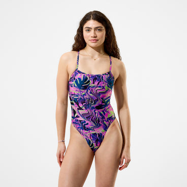 Women's Club Training Printed Web Back Swimsuit Pink/Navy