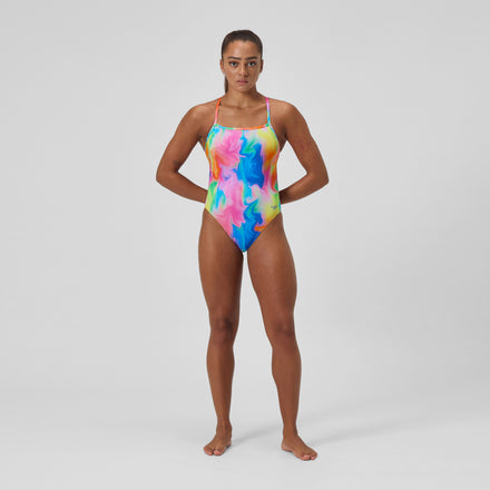 Women's Club Training Printed V Back Swimsuit Pink/Yellow