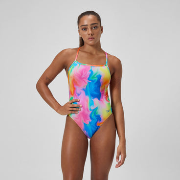Women's Club Training Printed V Back Swimsuit Pink/Yellow
