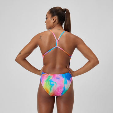 Women's Club Training Printed V Back Swimsuit Pink/Yellow