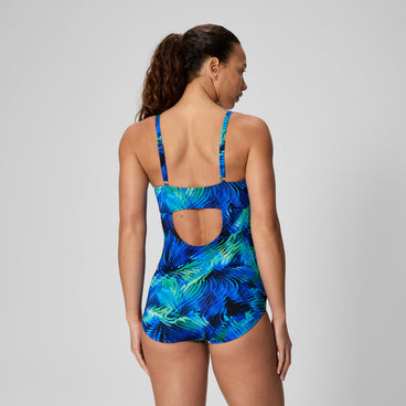 Women's Printed Shirred Adjustable One Piece Black/Blue