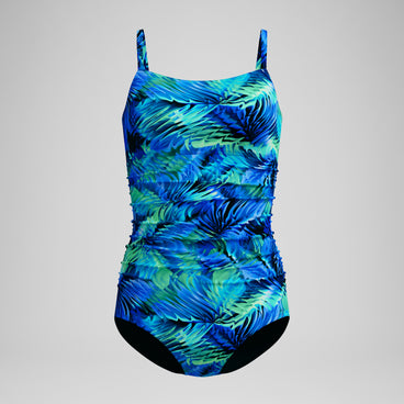 Women's Printed Shirred Adjustable One Piece Black/Blue