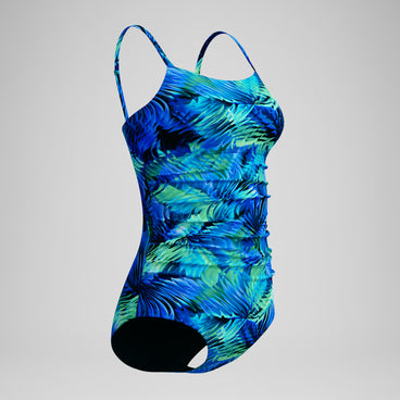 Women's Printed Shirred Adjustable One Piece Black/Blue
