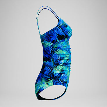 Women's Printed Shirred Adjustable One Piece Black/Blue