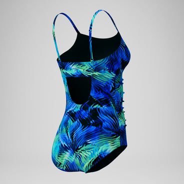 Women's Printed Shirred Adjustable One Piece Black/Blue