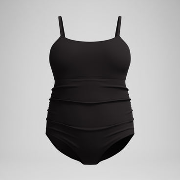 Women's New Plus Solid Shirred Tank One Piece Black