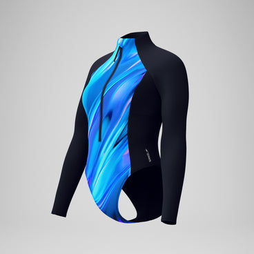 Women's Printed Long Sleeve Zip One Piece Black/Blue
