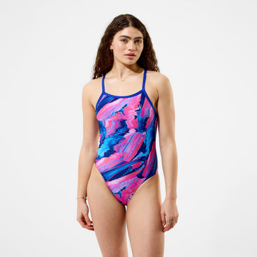 Women's Club Training Printed Turnback Swimsuit Blue/Pink