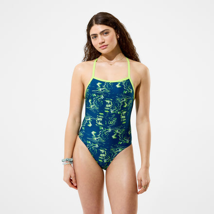 Women's Club Training Printed Turnback Swimsuit Blue/Green