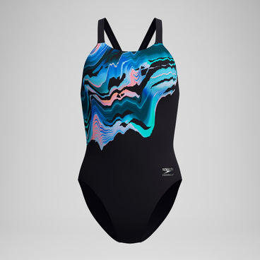 Women's Club Training Printed Leaderback Swimsuit Black/Blue