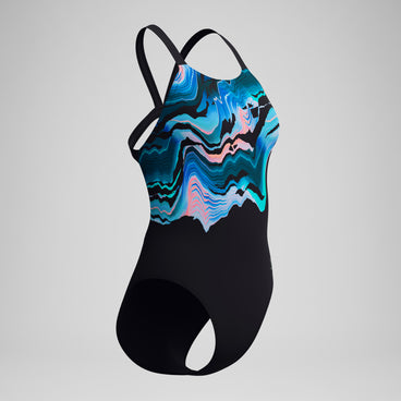 Women's Club Training Printed Leaderback Swimsuit Black/Blue