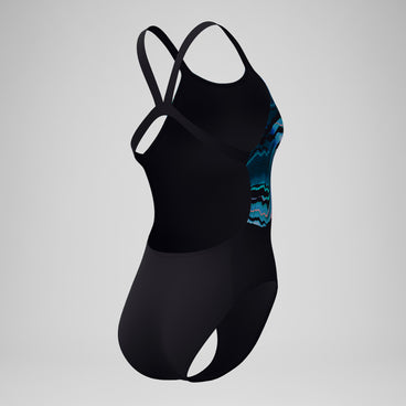 Women's Club Training Printed Leaderback Swimsuit Black/Blue