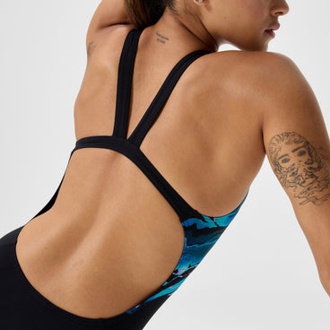 Women's Club Training Printed Leaderback Swimsuit Black/Blue