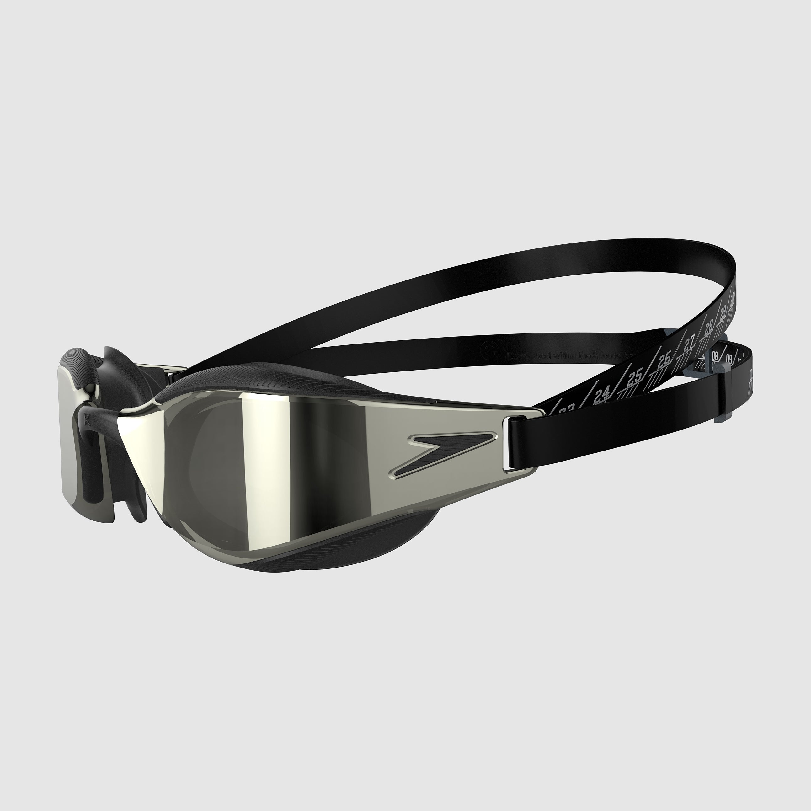 Gafas de natación Speedo Fastskin Hyper Elite Mirror negras con lente espejada de perfil bajo.