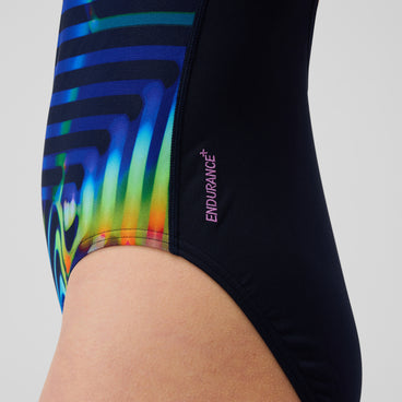 Women's Club Training Printed Fixed Crossback Swimsuit Navy/Green
