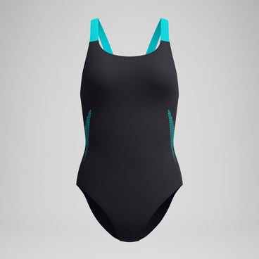Women's Boom Solid Leaderback Swimsuit Black/Turquoise