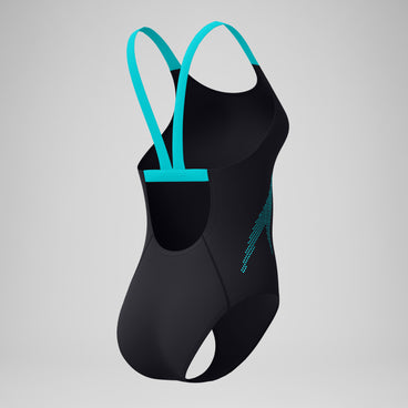 Women's Boom Solid Leaderback Swimsuit Black/Turquoise