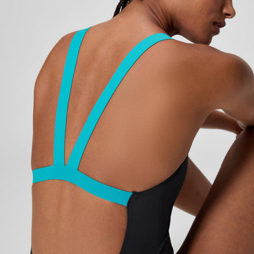Women's Boom Solid Leaderback Swimsuit Black/Turquoise