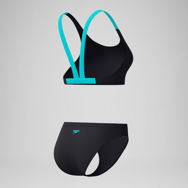 Women's Boom Solid Leaderback Bikini Set Black/Turquoise