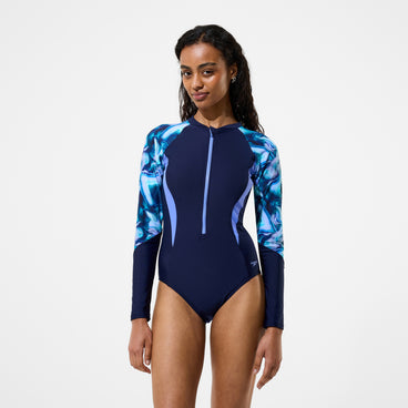 Women's Modern Coverage Printed Long Sleeve Swimsuit Navy