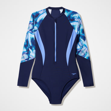 Women's Modern Coverage Printed Long Sleeve Swimsuit Navy