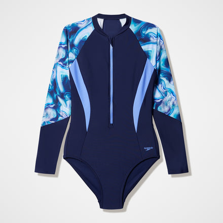 Women's Modern Coverage Printed Long Sleeve Swimsuit Navy