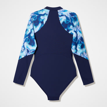 Women's Modern Coverage Printed Long Sleeve Swimsuit Navy
