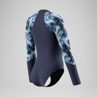 Women's Modern Coverage Printed Long Sleeve Swimsuit Navy