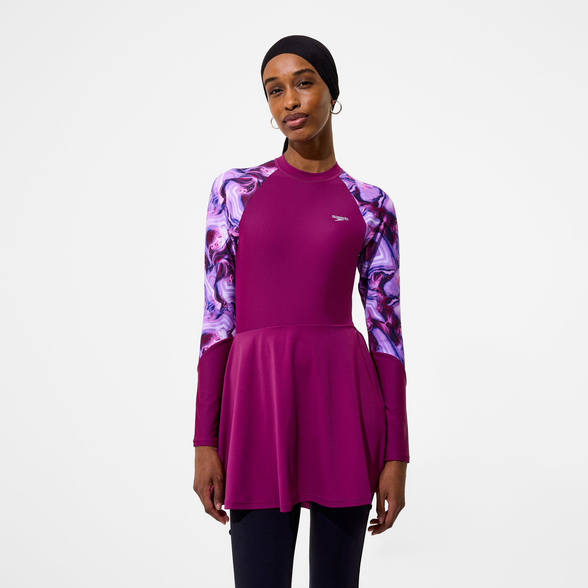 Modern Coverage Printed Long Sleeve Swim Dress Dark
