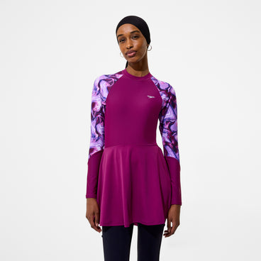 Women's Modern Coverage Printed Long Sleeve Swim Dress Dark Pink
