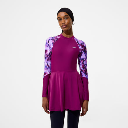 Women's Modern Coverage Printed Long Sleeve Swim Dress Dark Pink