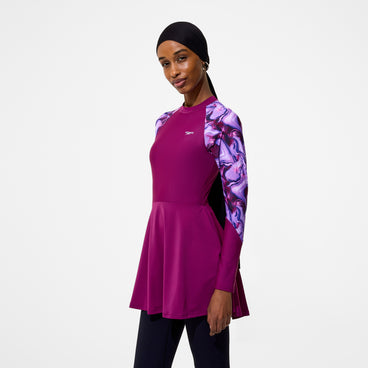 Women's Modern Coverage Printed Long Sleeve Swim Dress Dark Pink