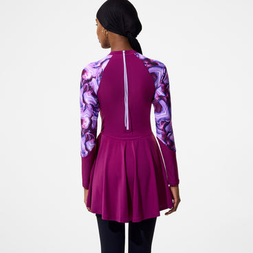 Women's Modern Coverage Printed Long Sleeve Swim Dress Dark Pink