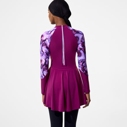 Women's Modern Coverage Printed Long Sleeve Swim Dress Dark Pink