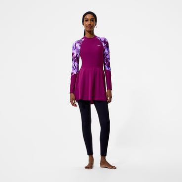 Women's Modern Coverage Printed Long Sleeve Swim Dress Dark Pink