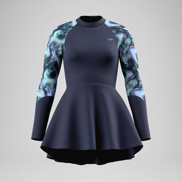 Women's Modern Coverage Printed Long Sleeve Swim Dress Dark Pink