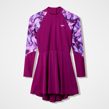 Women's Modern Coverage Printed Long Sleeve Swim Dress Dark Pink