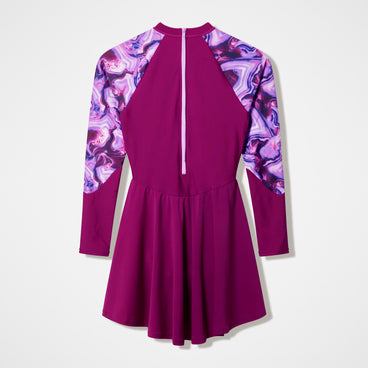 Women's Modern Coverage Printed Long Sleeve Swim Dress Dark Pink