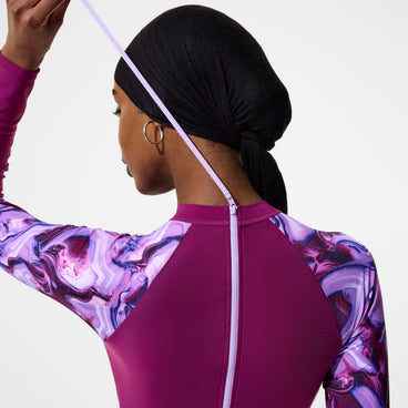 Women's Modern Coverage Printed Long Sleeve Swim Dress Dark Pink