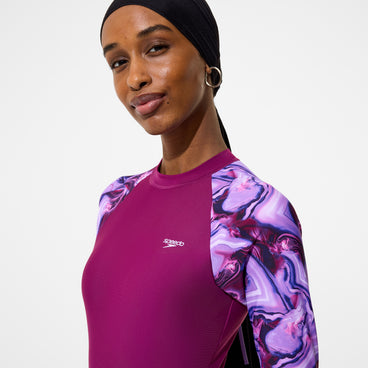 Women's Modern Coverage Printed Long Sleeve Swim Dress Dark Pink