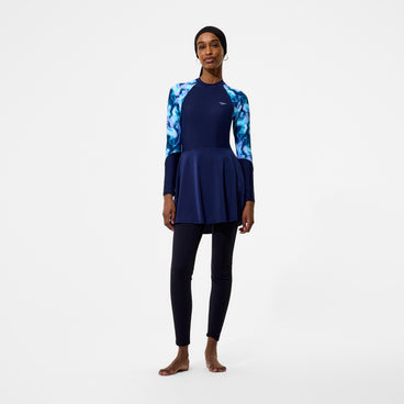 Women's Modern Coverage Printed Long Sleeve Swim Dress Navy