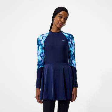 Women's Modern Coverage Printed Long Sleeve Swim Dress Navy