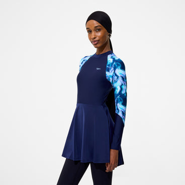 Women's Modern Coverage Printed Long Sleeve Swim Dress Navy