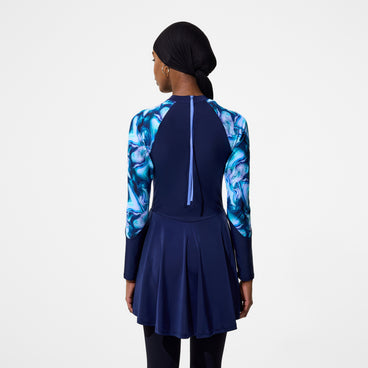 Women's Modern Coverage Printed Long Sleeve Swim Dress Navy
