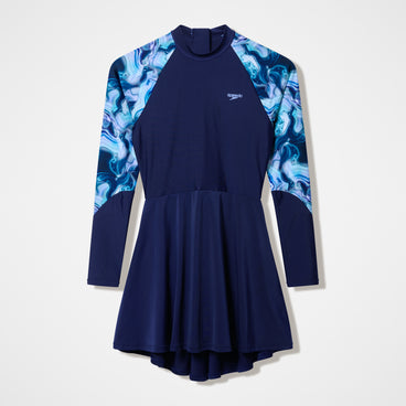 Women's Modern Coverage Printed Long Sleeve Swim Dress Navy