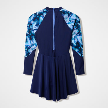 Women's Modern Coverage Printed Long Sleeve Swim Dress Navy