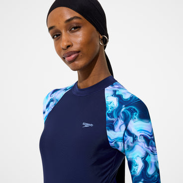 Women's Modern Coverage Printed Long Sleeve Swim Dress Navy
