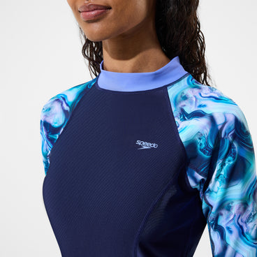 Women's Modern Coverage Printed Short Sleeve Rashguard Navy