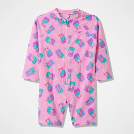 Infants Printed Long Sleeve Zip Swimsuit Pink